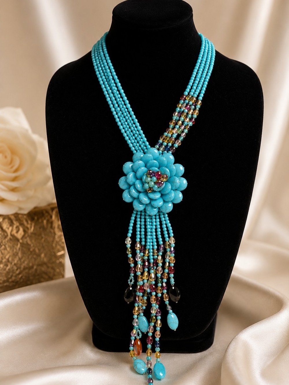 Joan Rivers Signed Turquoise Beaded Statement Floral Tassel Bib Necklace